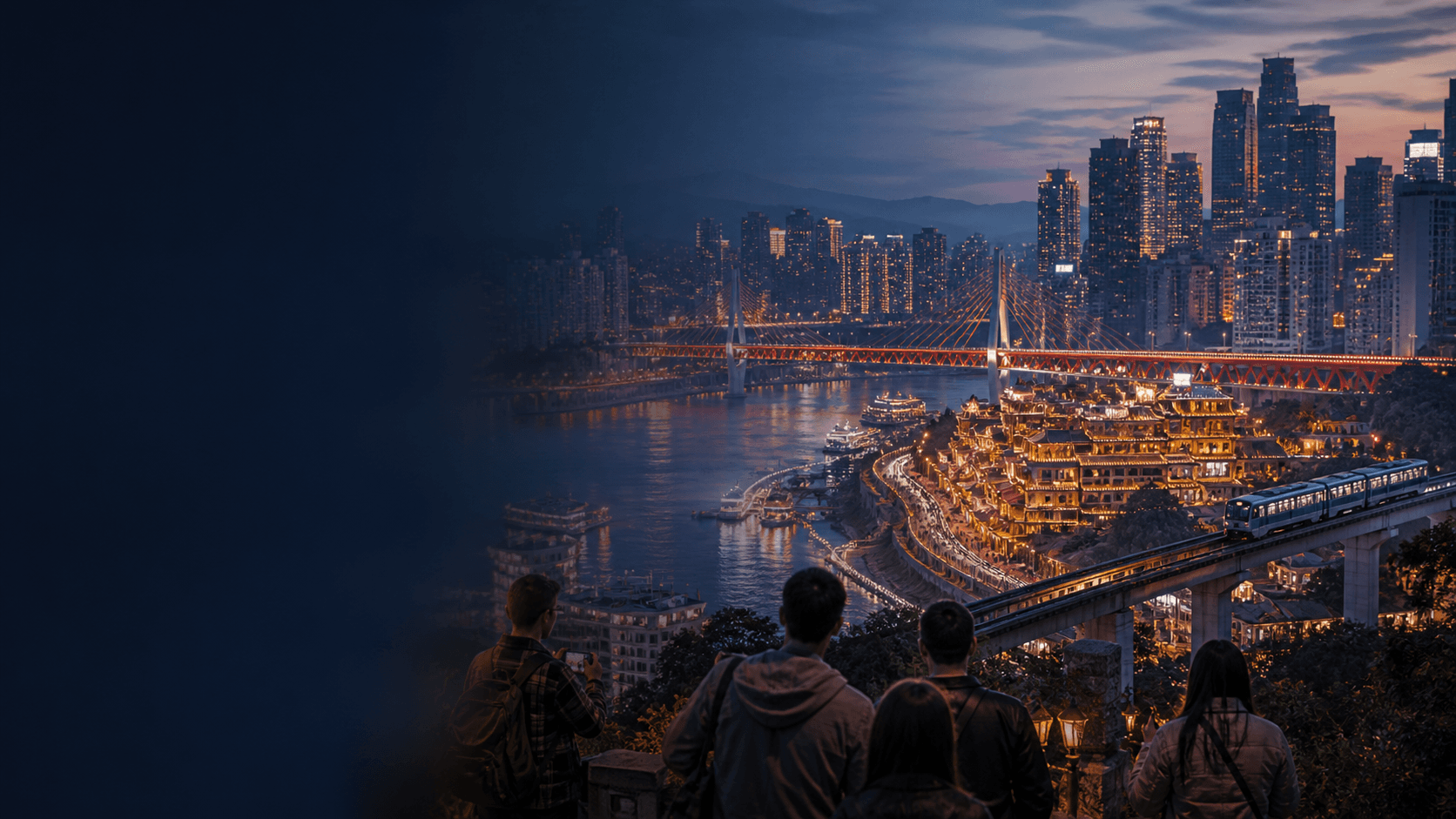Chongqing at blue hour, with river bridges, rail, and city lights